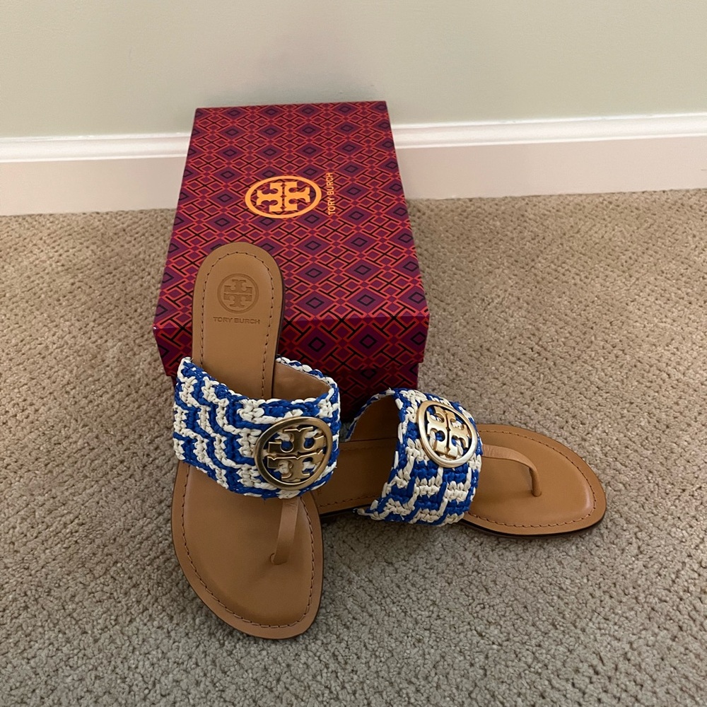 New Tory Burch Raffia & Leather Tan/Blue Woven Sandals